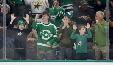 Dallas Stars defenseman Esa Lindell (23) celebrates his goal with teammates during the third period of a preseason game against the Minnesota Wild on Wednesday, Sept. 23, 2026, in Dallas.