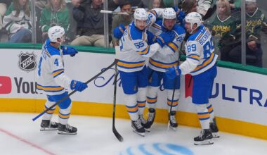 Mason McTavish scores right away in Blues debut in a 4-0 opening-night win over Stars