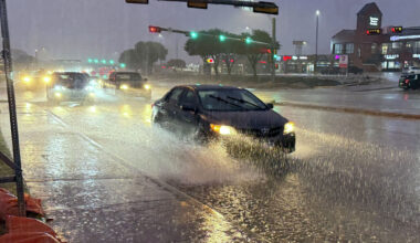 Vehicles drive in the rain on the State Highway Loop 288, Thursday, Oct. 1, 2026, in Denton.