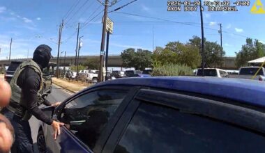 This image made from Immigration and Customs Enforcement (ICE) body camera footage shows an ICE officer stopping Wilber Rafael Garces Perez on Sunday, Sept. 20, 2026, in Austin, Texas. (Immigration and Customs Enforcement via AP)