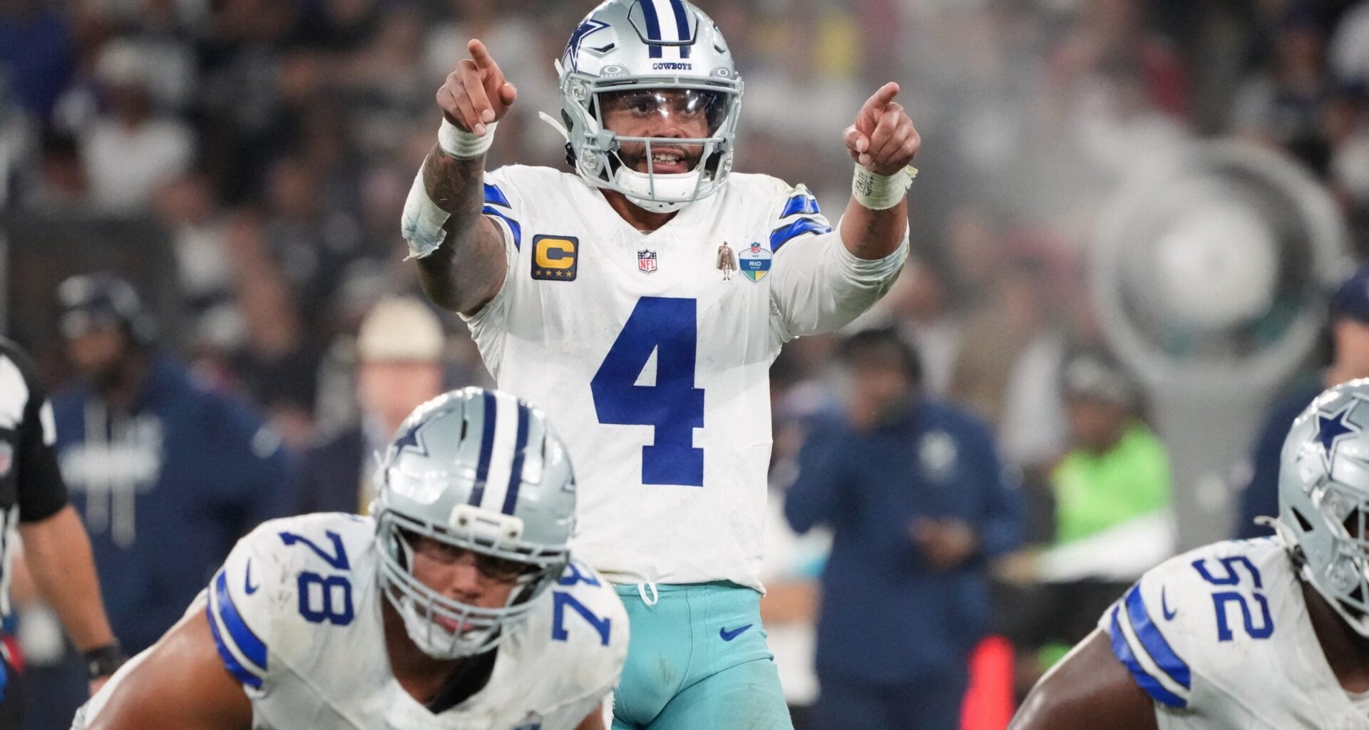 Sep 27, 2026; Rio De Janeiro, BRA; Dallas Cowboys quarterback Dak Prescott (4) sets the play against the Baltimore Ravens during the game at Maracana Stadium.