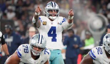 Sep 27, 2026; Rio De Janeiro, BRA; Dallas Cowboys quarterback Dak Prescott (4) sets the play against the Baltimore Ravens during the game at Maracana Stadium.