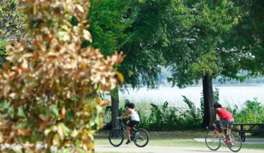 Bicyclists ride along White Rock Lake as the leaves change color, Wednesday, Sept. 23, 2026, in Dallas.