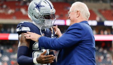 Dallas Cowboys head coach Brian Schottenheimer looks up at the screen during the first half of an NFL football game against the Houston Texans at Reliant Stadium in Houston, Sunday, Oct. 4, 2026.