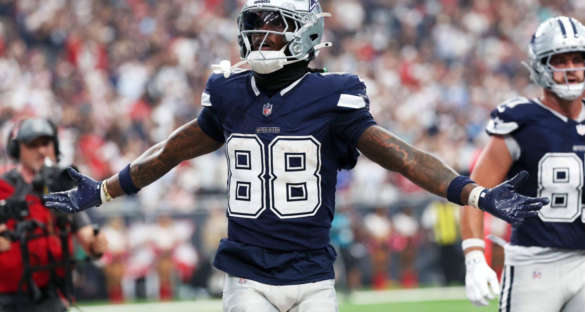 Oct 4, 2026; Houston, Texas, USA; Dallas Cowboys wide receiver CeeDee Lamb (88) reacts after a fourth quarter touchdown against the Houston Texans at Reliant Stadium.