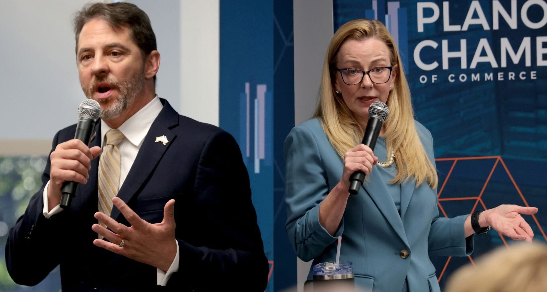 Shelby Williams, left, and Julie Holmer, right, speak at a Collin County Commissioners Court candidate forum hosted by the Plano Chamber of Commerce on Wednesday, Oct. 7, 2026, in Plano, Texas. The two former Plano City Council members are competing for the Precinct 4 seat in the November election. 