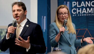 Shelby Williams, left, and Julie Holmer, right, speak at a Collin County Commissioners Court candidate forum hosted by the Plano Chamber of Commerce on Wednesday, Oct. 7, 2026, in Plano, Texas. The two former Plano City Council members are competing for the Precinct 4 seat in the November election. 