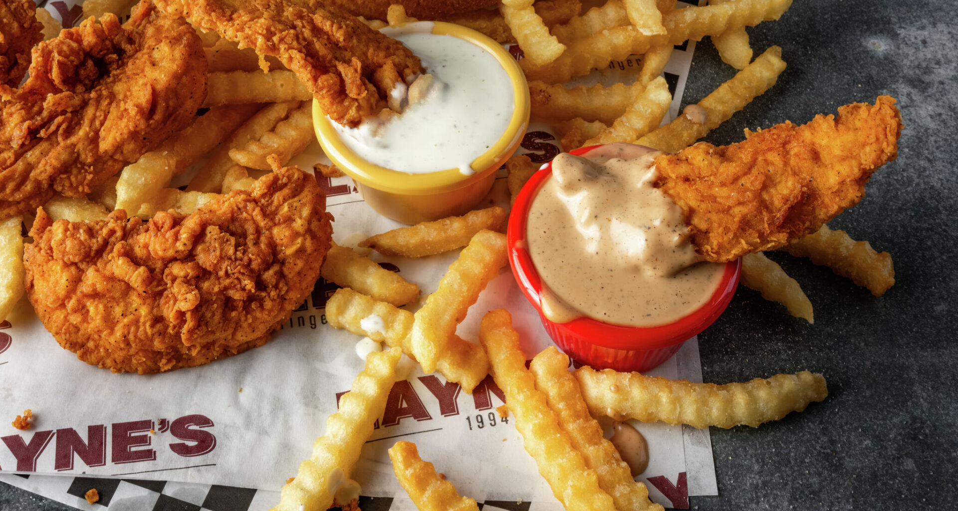 Spread of food at Layne's Chicken Fingers.