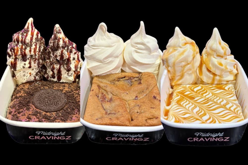 Three Midnight Cravingz desserts with soft serve over cookie bases.