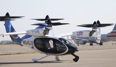 Joby’s electric air taxi arrives on the tarmac during the launch of its regional service connecting Perot Field Fort Worth Alliance Airport with Dallas Fort Worth International Airport on Saturday, Sept. 12, 2026, at DFW International Airport.