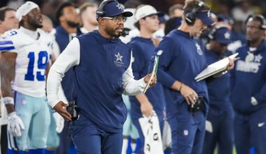 Dallas Cowboys quarterback Dak Prescott (4) leaves the field after an NFL football game against the Tampa Bay Buccaneers at AT&T Stadium, Thursday, Oct. 8, 2026, in Arlington.