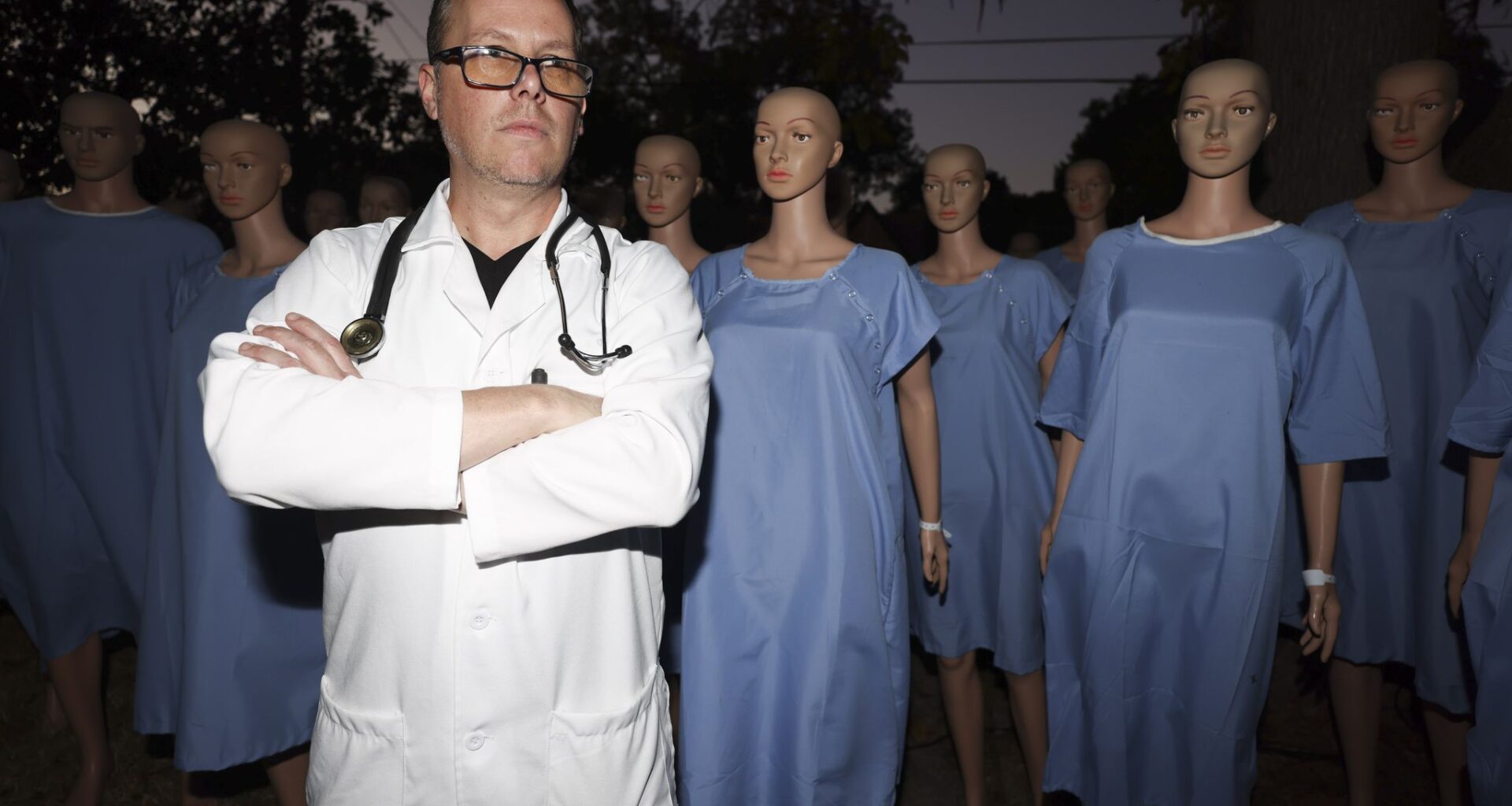 Mannequins are seen encircling the front porch of Steven Novak’s home as part of his Halloween installation along Lansford Avenue, Wednesday, Oct. 7, 2026 in Oak Cliff.