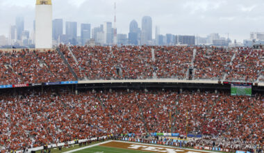 Oklahoma Sooners band takes the field prior to the start of a NCAA football game between the Texas Longhorns and the Oklahoma Sooners at the Cotton Bowl in Dallas on Saturday, October 6, 2018. (Vernon Bryant/The Dallas Morning News)