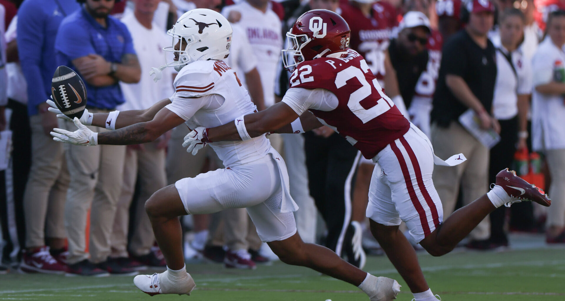 Oklahoma Sooners quarterback John Mateer (10) wears the golden following his team’s win against the Texas Longhorns in Red River Rivalry, on Saturday, Oct. 10, 2026 at Cotton Bowl in Dallas.
