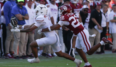 Oklahoma Sooners quarterback John Mateer (10) wears the golden following his team’s win against the Texas Longhorns in Red River Rivalry, on Saturday, Oct. 10, 2026 at Cotton Bowl in Dallas.
