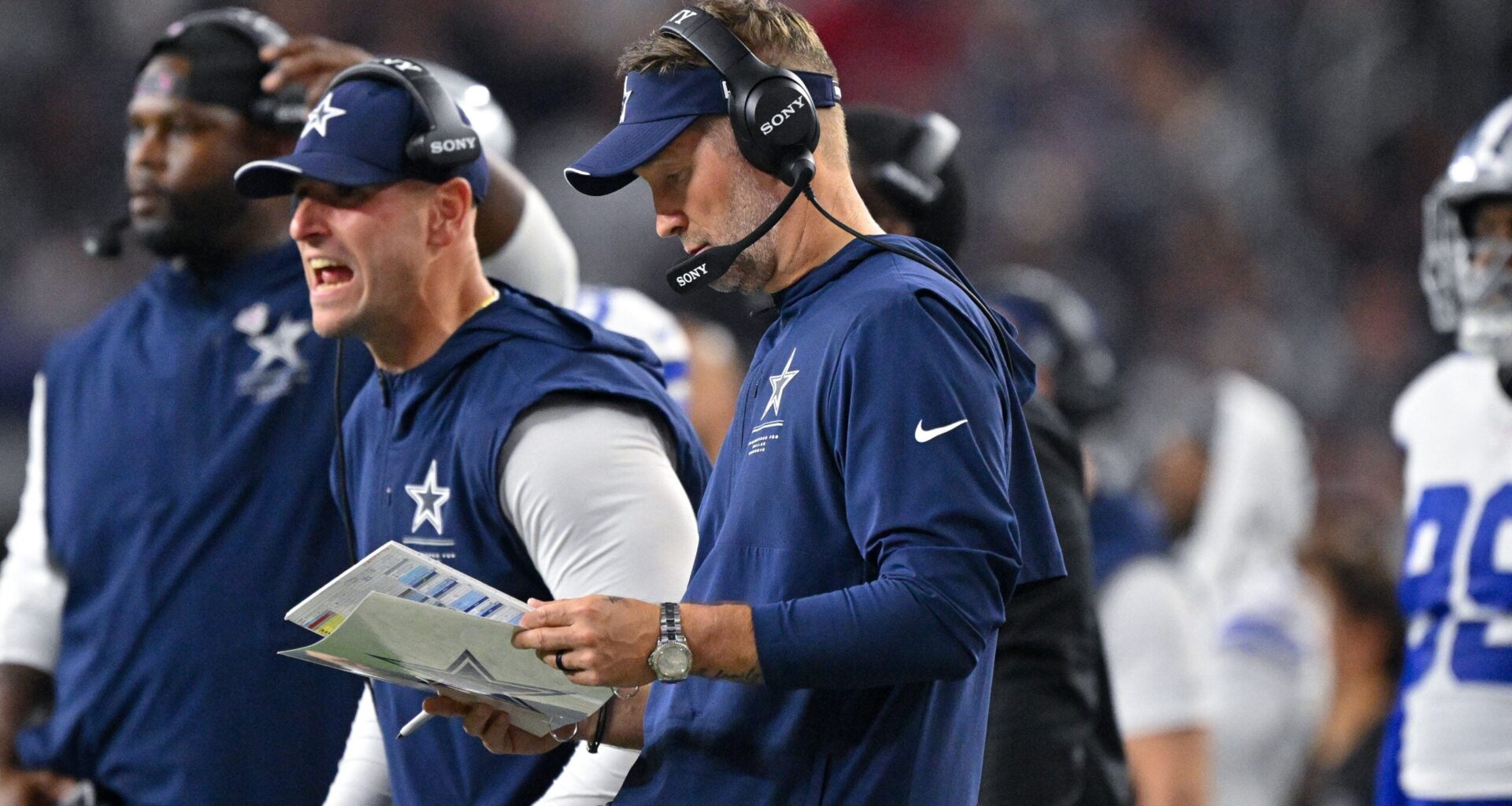 Oct 8, 2026; Arlington, Texas, USA; Dallas Cowboys head coach Brian Schottenheimer looks on during the game between the Cowboys and the Buccaneers at AT&T Stadium.