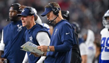 Oct 8, 2026; Arlington, Texas, USA; Dallas Cowboys head coach Brian Schottenheimer looks on during the game between the Cowboys and the Buccaneers at AT&T Stadium.