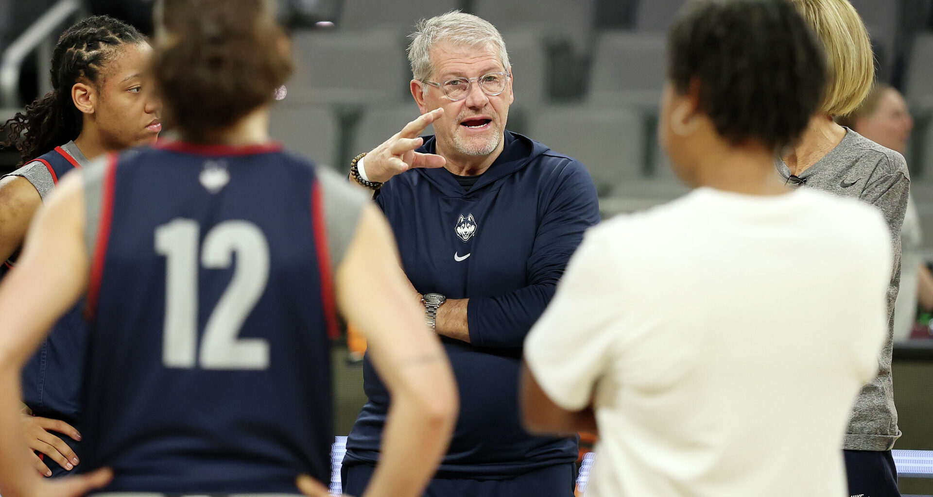 FORT WORTH, TEXAS - MARCH 26: Head coach Geno Auriemma of the UConn Huskies speaks to his team during a practice session ahead of the NCAA Women's Sweet Sixteen at Dickies Arena on March 26, 2026 in Fort Worth, Texas. (Photo by Stacy Revere/Getty Images)