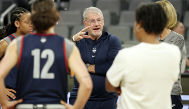 FORT WORTH, TEXAS - MARCH 26: Head coach Geno Auriemma of the UConn Huskies speaks to his team during a practice session ahead of the NCAA Women's Sweet Sixteen at Dickies Arena on March 26, 2026 in Fort Worth, Texas. (Photo by Stacy Revere/Getty Images)