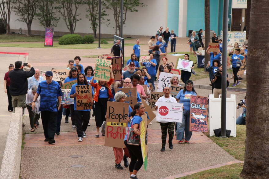Protesters rallied at a public meeting about a desalination project in Corpus Christi on April 19, 2024.