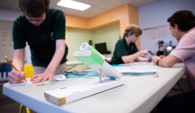 Students in David Mueller’s physics class complete predictions on their projectile launchers at the Sage School of Dallas in Dallas, Tuesday, Oct. 6, 2026.