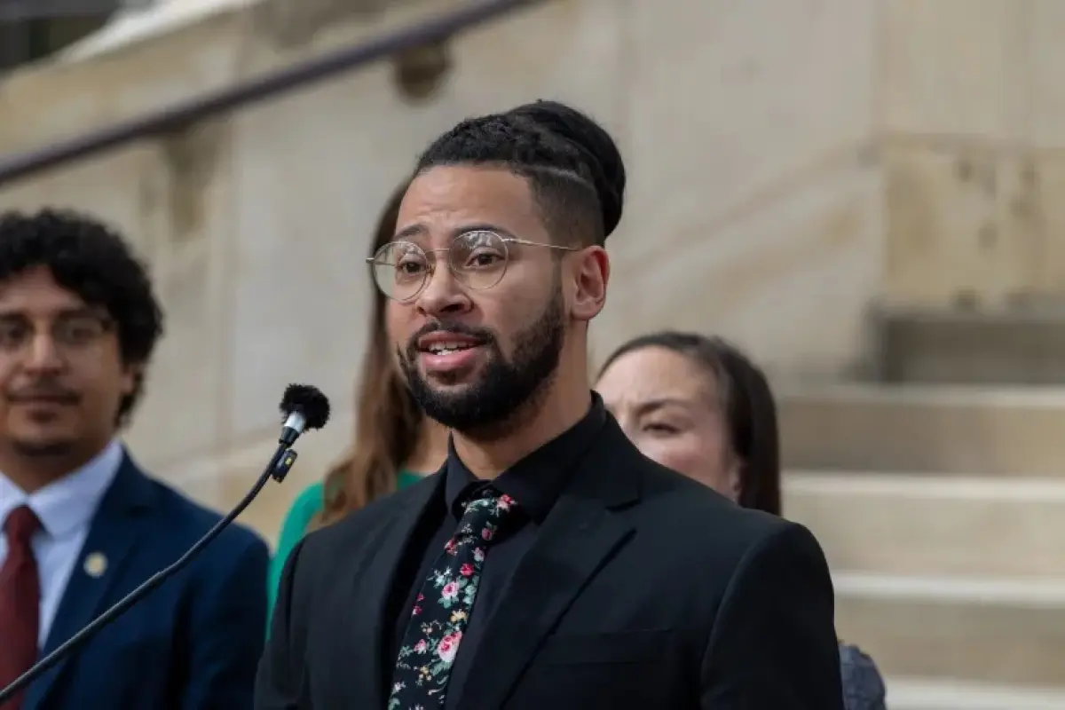 District 2 Councilman Jalen McKee-Rodriguez speaks in support of San Antonio's federal lawsuit challenging a planned ICE detention facility in his district on Tuesday, Oct. 13, 2026.