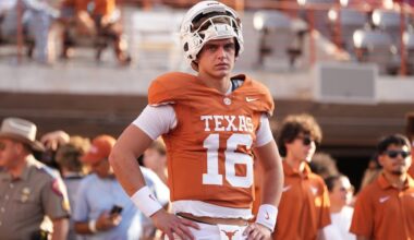 Texas quarterback Arch Manning (16) warms up before an NCAA college football game against Ohio State in Austin, Texas, Saturday, Sept. 12, 2026. (AP Photo/Eric Gay)