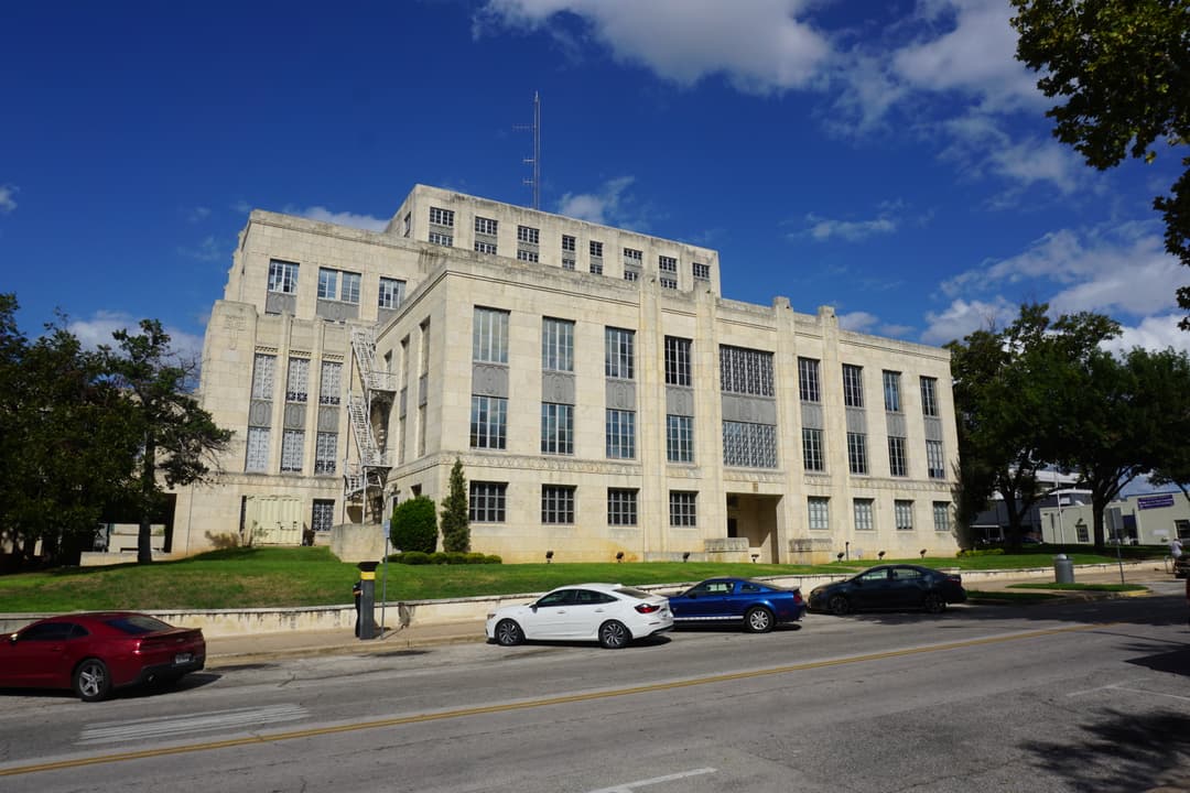 Exterior of the Art Deco Heman Marion Sweatt Travis County Courthouse in downtown Austin.