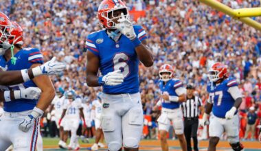 Sep 26, 2026; Gainesville, Florida, USA; Florida Gators wide receiver Dallas Wilson (6) gestures after scoring a touchdown against the Mississippi Rebels during the second half at Ben Hill Griffin Stadium.