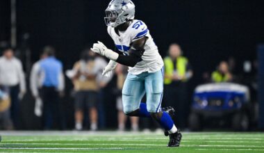 Oct 8, 2026; Arlington, Texas, USA; Dallas Cowboys linebacker Malachi Lawrence (57) rushes the line during the game between the Cowboys and the Buccaneers at AT&T Stadium.