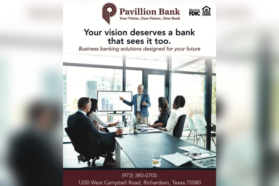 Pavillion Bank ad for business banking showing a boardroom meeting with a presenter at a screen; address and phone listed.