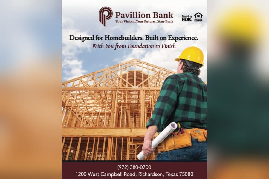 Pavillion Bank ad showing a worker in hard hat viewing a house frame under construction, with contact details.