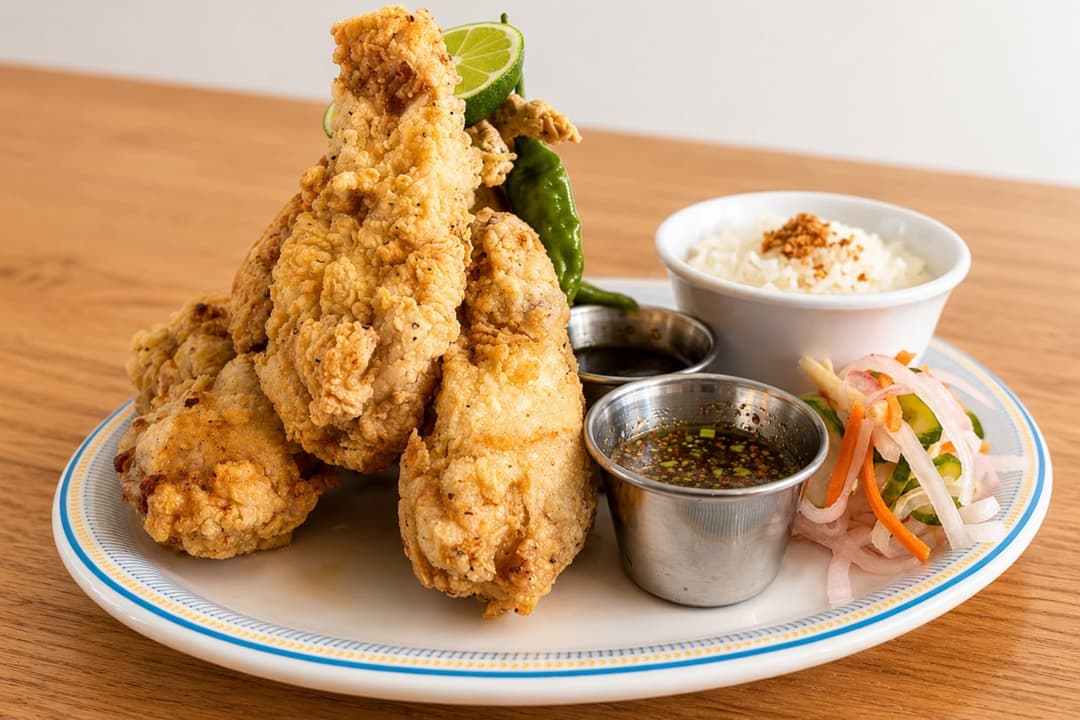The image shows a plate of fried chicken, slaw and rice with sauces. 