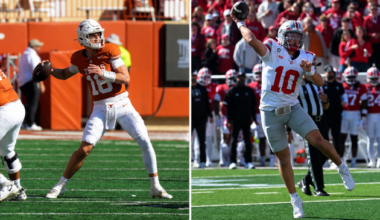 Oct 17, 2026; Austin, Texas, USA; Texas Longhorns quarterback Arch Manning (16) throws a pass during the first half against the Florida Gators at Darrell K Royal-Texas Memorial Stadium. Oct 17, 2026; Bloomington, Indiana, USA; Ohio State Buckeyes quarterback Julian Sayin (10) throws a touchdown pass during the first half against the Indiana Hoosiers at Merchants Bank Field at Memorial Stadium
