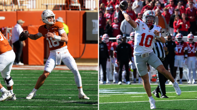 Oct 17, 2026; Austin, Texas, USA; Texas Longhorns quarterback Arch Manning (16) throws a pass during the first half against the Florida Gators at Darrell K Royal-Texas Memorial Stadium. Oct 17, 2026; Bloomington, Indiana, USA; Ohio State Buckeyes quarterback Julian Sayin (10) throws a touchdown pass during the first half against the Indiana Hoosiers at Merchants Bank Field at Memorial Stadium