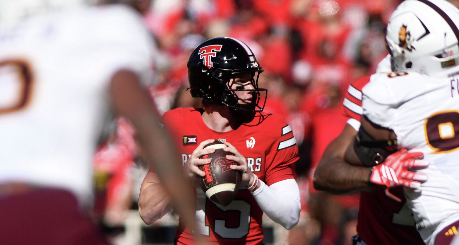 Texas Tech quarterback Will Hammond (15) looks to throw a pass during the first half of an NCAA college football game against Arizona State, Saturday, Oct. 17, 2026, in Lubbock, Texas. (AP Photo/Annie Rice)