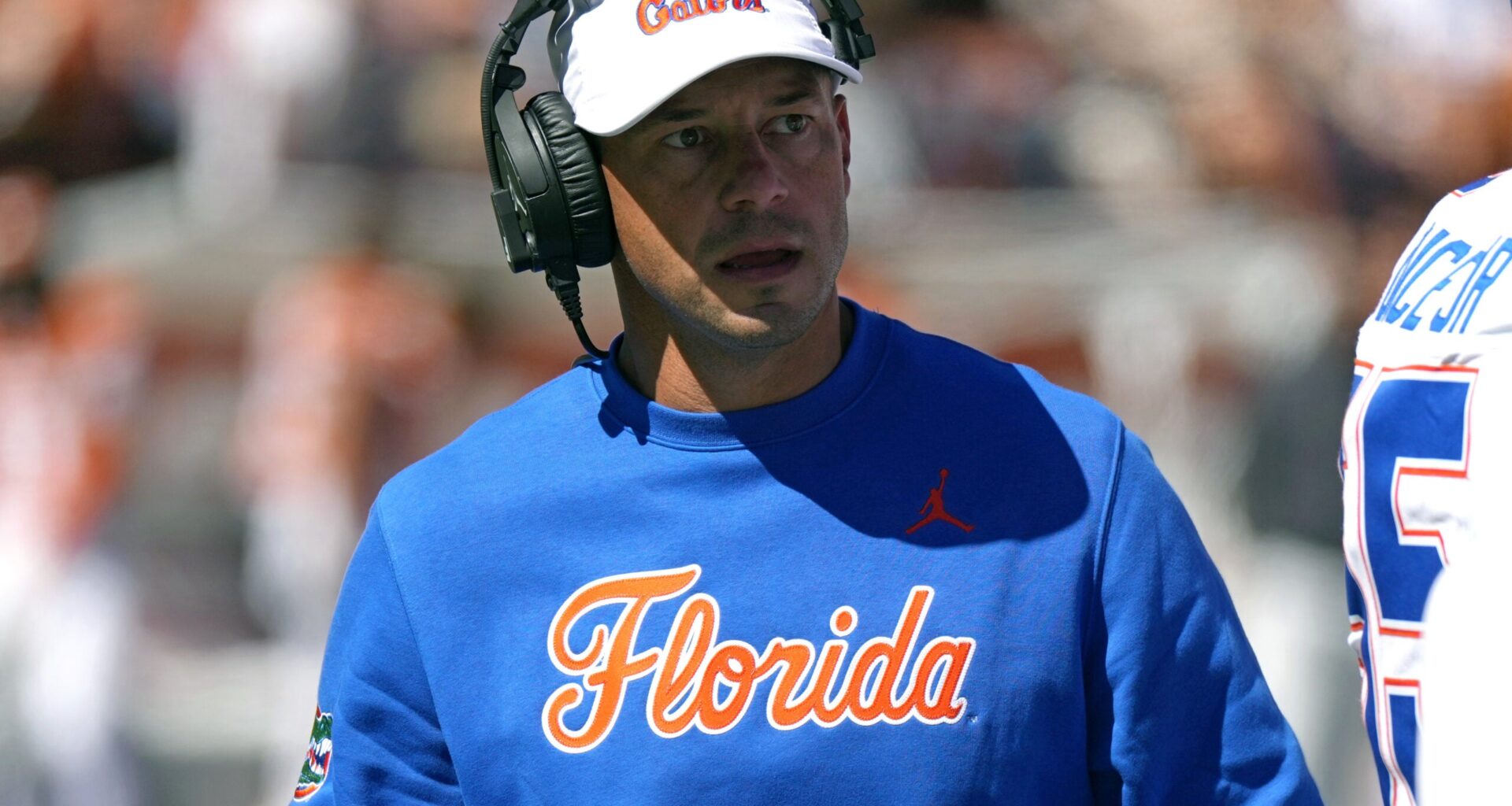 Oct 17, 2026; Austin, Texas, USA; Florida Gators Head Coach Jon Sumrall during the first half against the Texas Longhorns at Darrell K Royal-Texas Memorial Stadium.