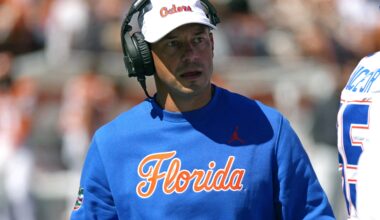 Oct 17, 2026; Austin, Texas, USA; Florida Gators Head Coach Jon Sumrall during the first half against the Texas Longhorns at Darrell K Royal-Texas Memorial Stadium.