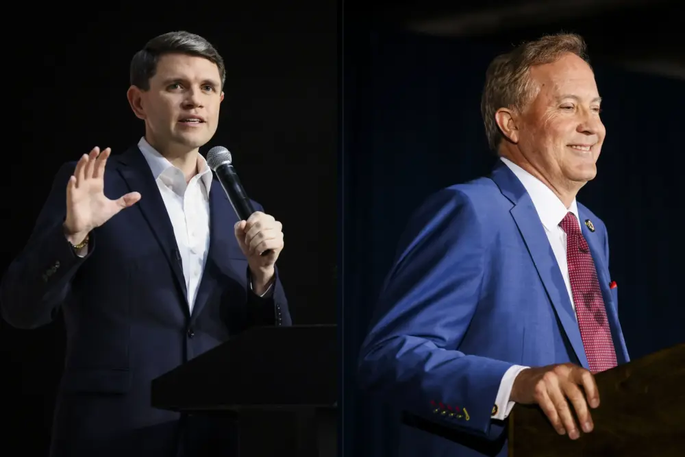 Two men in suits speak from a microphone and a podium in a split composite image