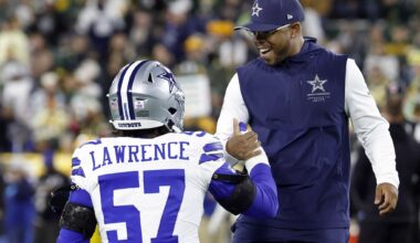 Dallas Cowboys quarterback Dak Prescott (4) looks to the video replay after the team failed to convert a two-point conversion in the fourth quarter against the Green Bay Packers at Lambeau Field in Green Bay, Wisconsin, October 18, 2026.