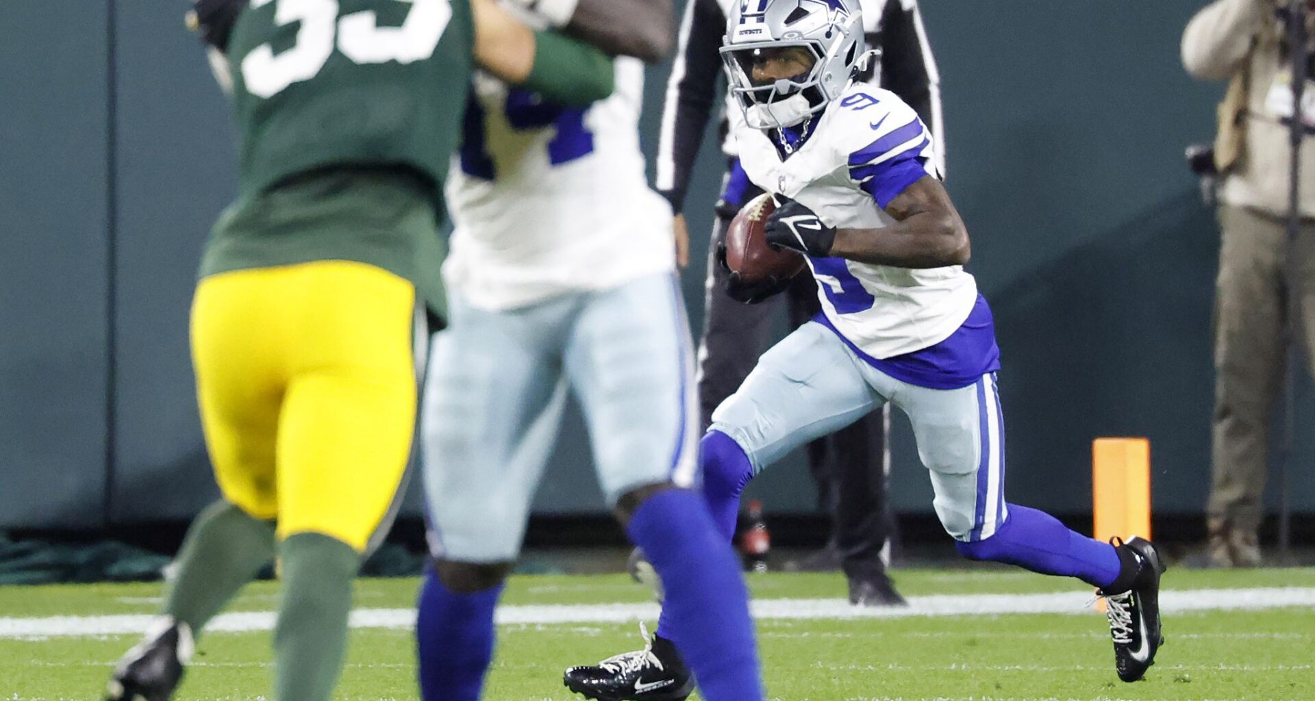 Dallas Cowboys quarterback Dak Prescott (4) looks to the video replay after the team failed to convert a two-point conversion in the fourth quarter against the Green Bay Packers at Lambeau Field in Green Bay, Wisconsin, October 18, 2026.