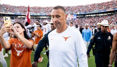Texas head coach Steve Sarkisian leaves the field following a loss to Oklahoma in the Red River Rivalry NCAA college football game in Dallas, Saturday, Oct. 10, 2026. (Sara Diggins/The San Antonio Express-News via AP)