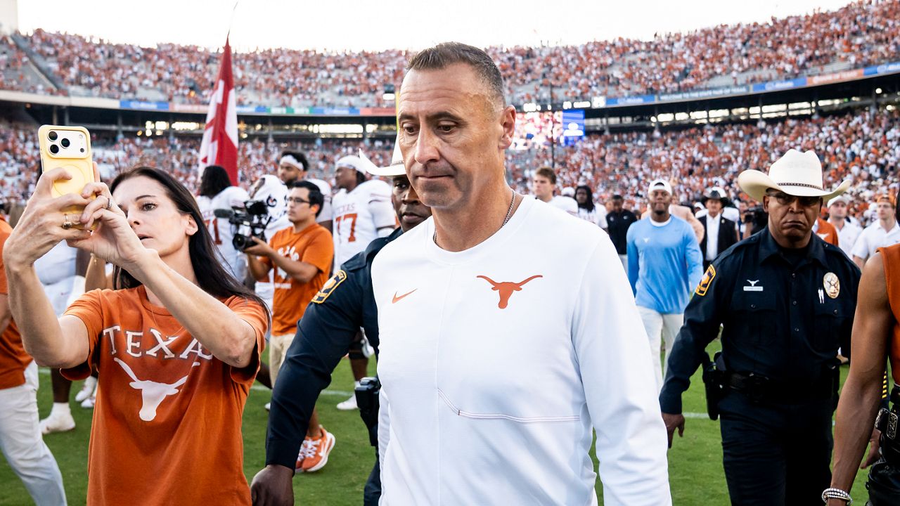 Texas head coach Steve Sarkisian leaves the field following a loss to Oklahoma in the Red River Rivalry NCAA college football game in Dallas, Saturday, Oct. 10, 2026. (Sara Diggins/The San Antonio Express-News via AP)