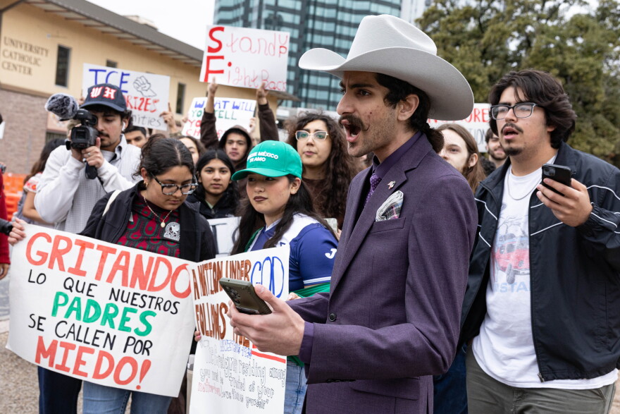 Arshia Papari chants during a protest against ICE on the UT Austin campus in February 2025.