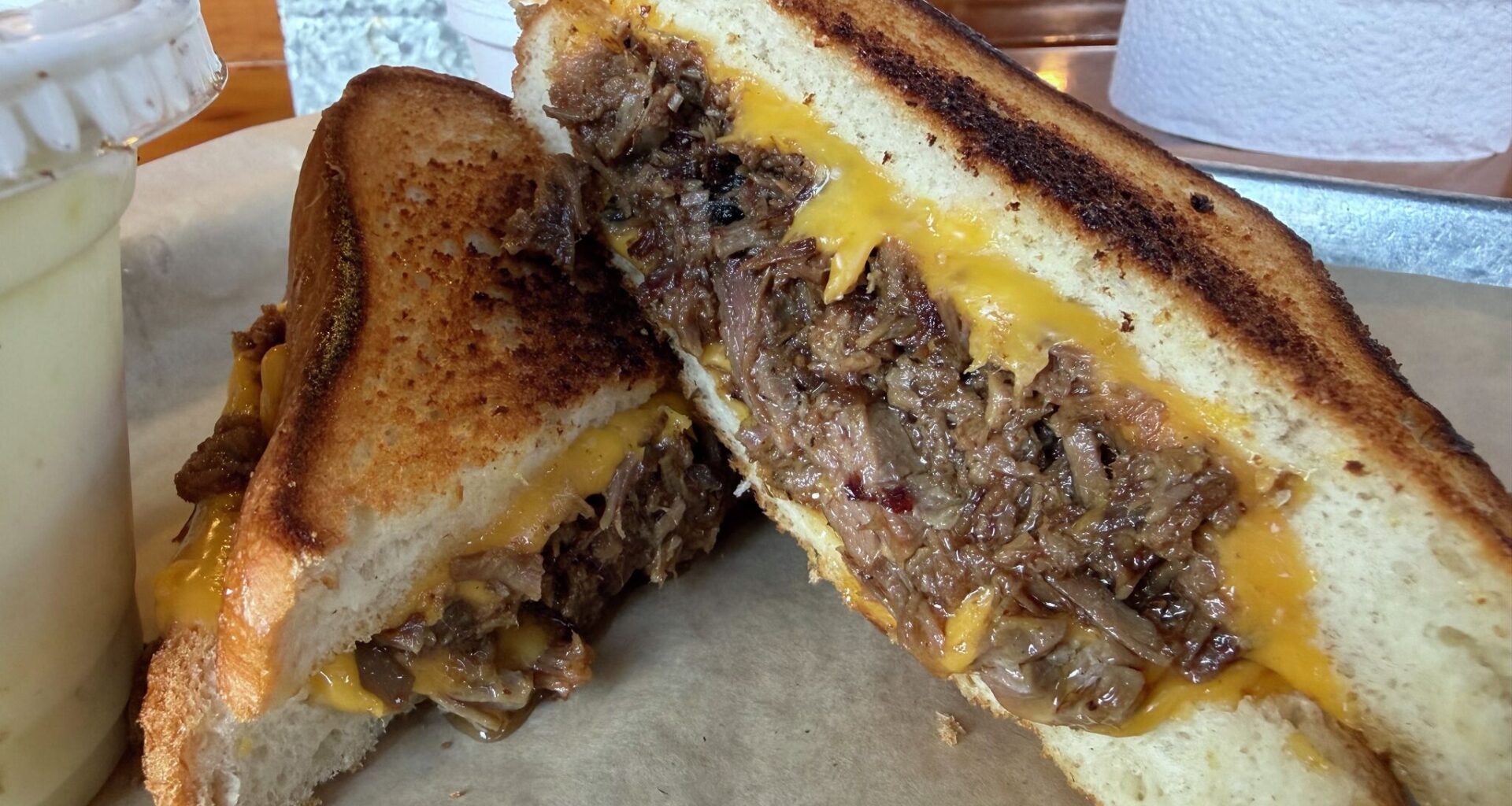 Brisket grilled cheese at Smoke Shack BBQ in San Antonio.