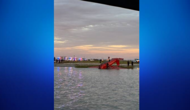 Plane seen upside down near runway of Scholes International Airport in Galveston