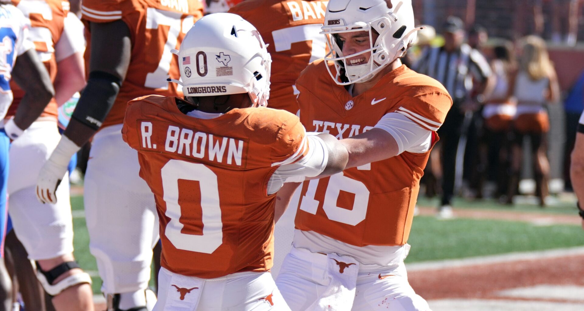 Oct 17, 2026; Austin, Texas, USA; Texas Longhorns quarterback Arch Manning (16) and running back Raleek Brown (0) celebrate after Brown ran for a touchdown during the first half against the Florida Gators at Darrell K Royal-Texas Memorial Stadium.