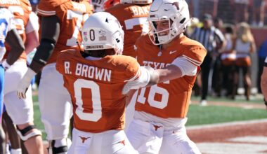 Oct 17, 2026; Austin, Texas, USA; Texas Longhorns quarterback Arch Manning (16) and running back Raleek Brown (0) celebrate after Brown ran for a touchdown during the first half against the Florida Gators at Darrell K Royal-Texas Memorial Stadium.