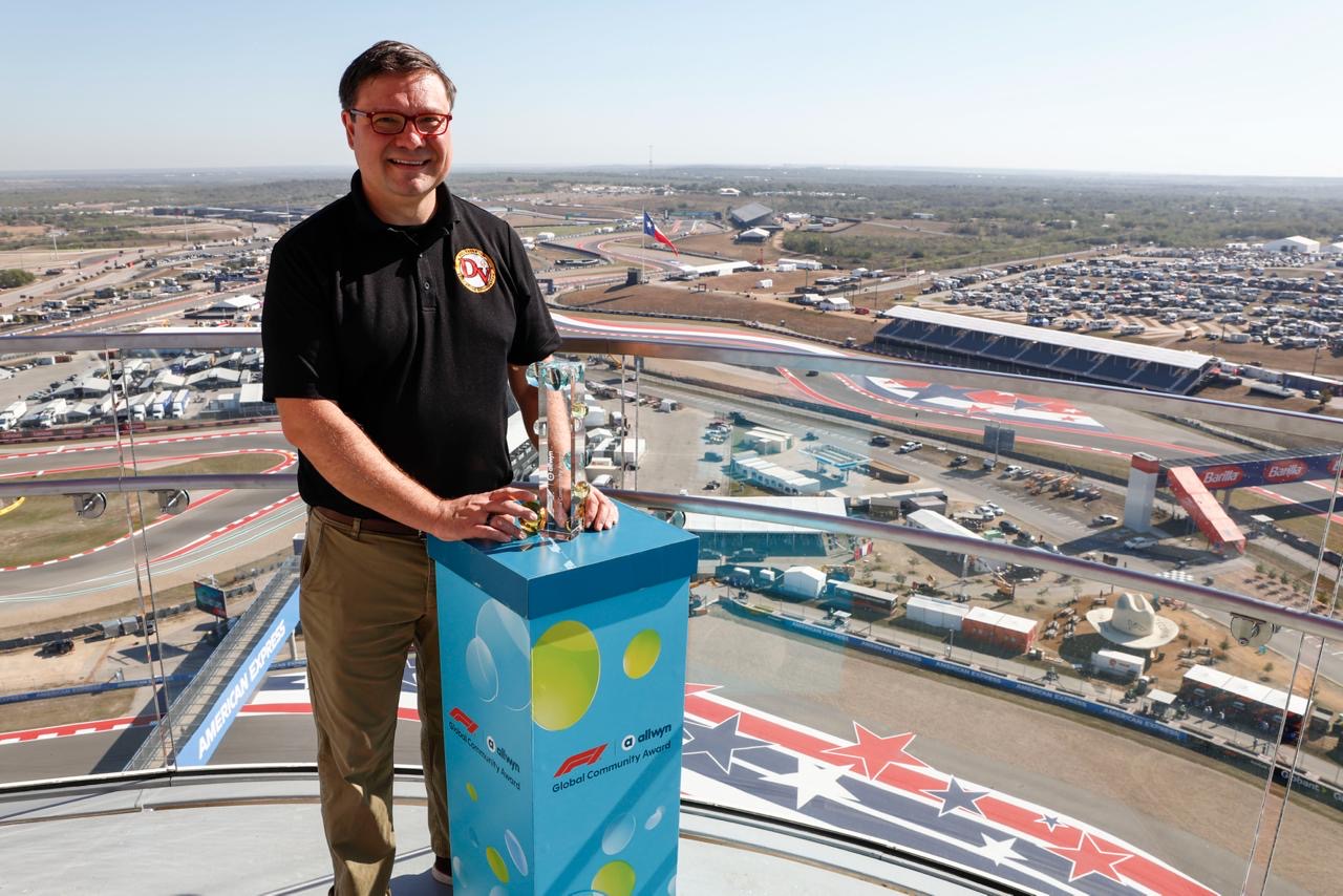 The F1® Allwyn Global Community Award 2026 trophy presented to winning local charity Del Valle ISD Education Foundation at the 2026 FORMULA 1® MSC CRU