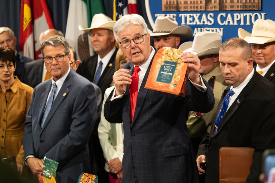Lt. Gov. Dan Patrick answers a question from the press during a media briefing at the Texas Capitol about Senate Bill 3, a bill that would ban all THC products, on Wednesday, May 28, 2025. Patricia Lim/KUT News